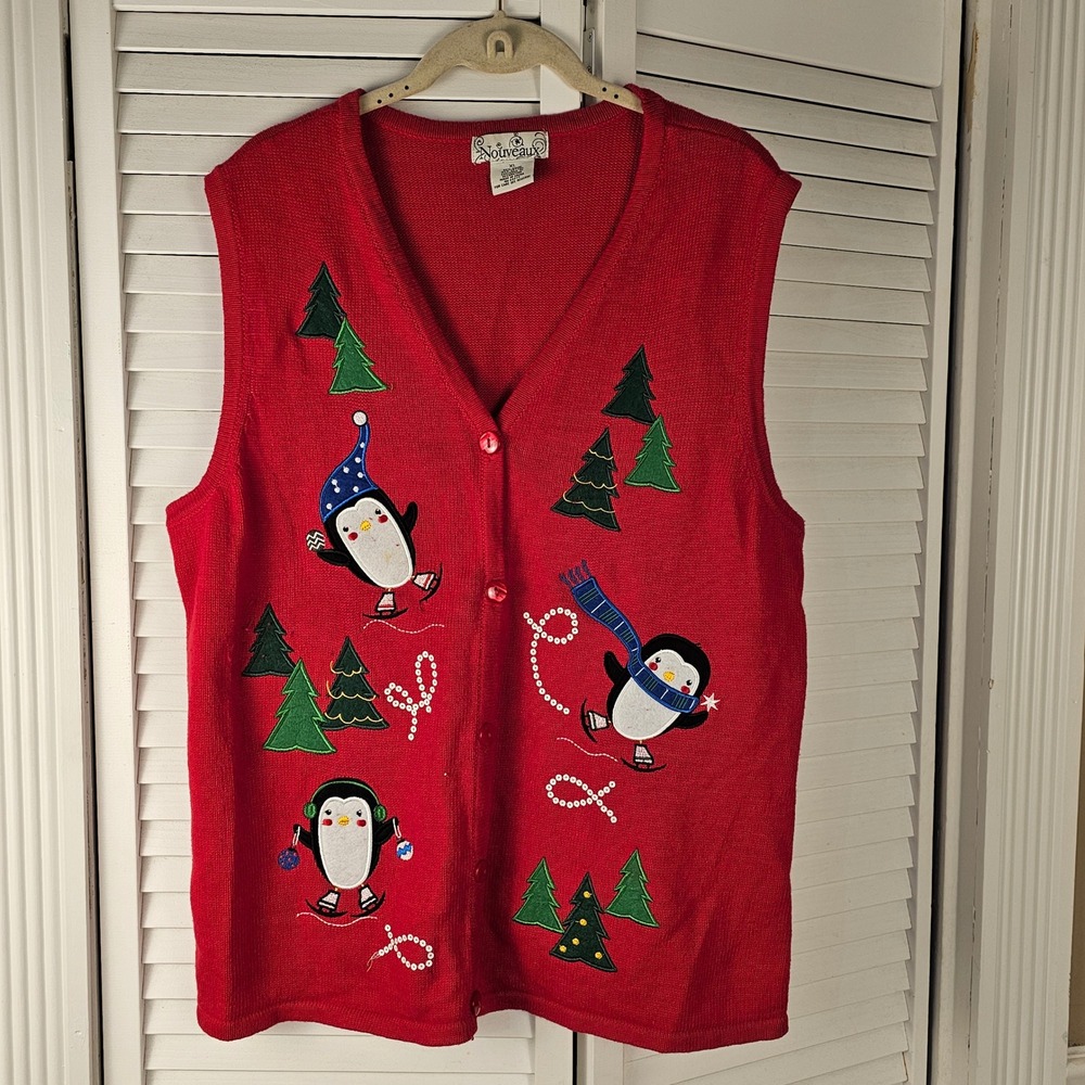 Vintage Nouveaux Womens Red Penguin Christmas Sweater Vest XL